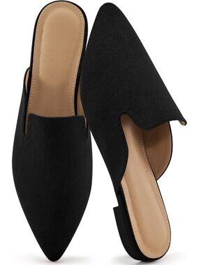 Women's Black Mules Flats Pointed Toe Dressy Slip On Work Comfortable Shoes